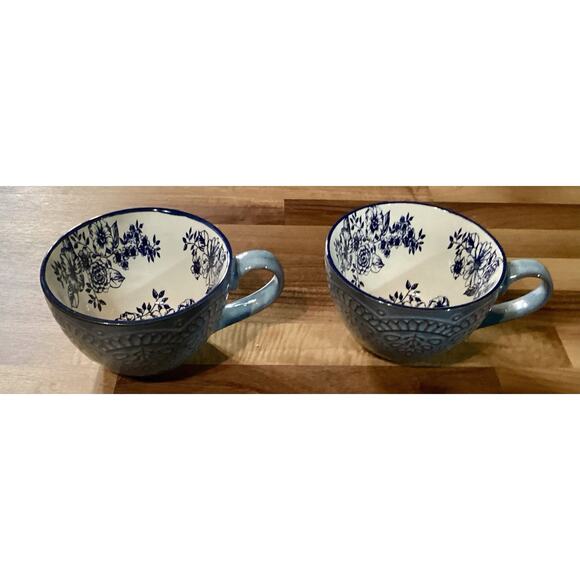 Gabriela Blue Pfaltzgraff 2 Coffee Cups Blue Flowers inside Raised Design - Picture 2 of 10